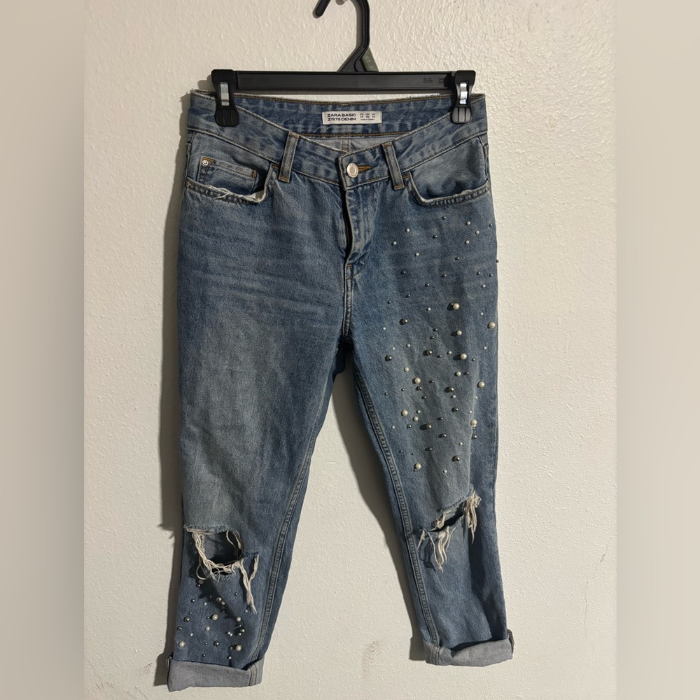 Zara Blue Boyfriend Jeans with Distressed Details